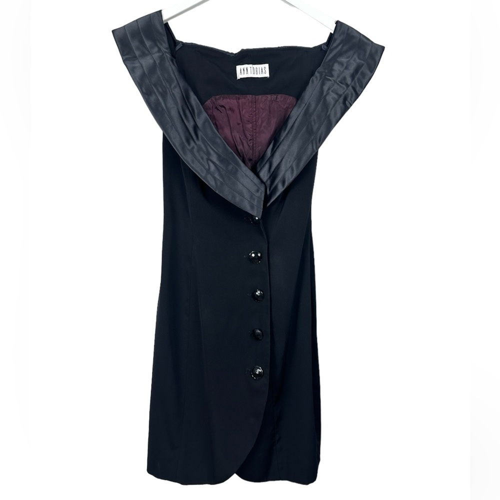 Ann Tobias Vintage Black Button Down Satin Lapel Dress Size Small